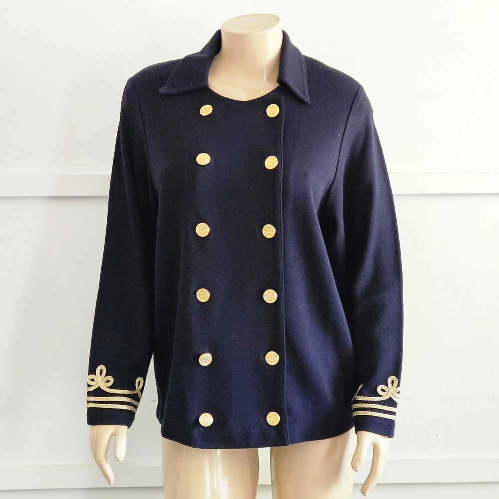 August Max Woman Navy Blue Nautical Knit Jacket Gold Crest Buttons Size X NWT
